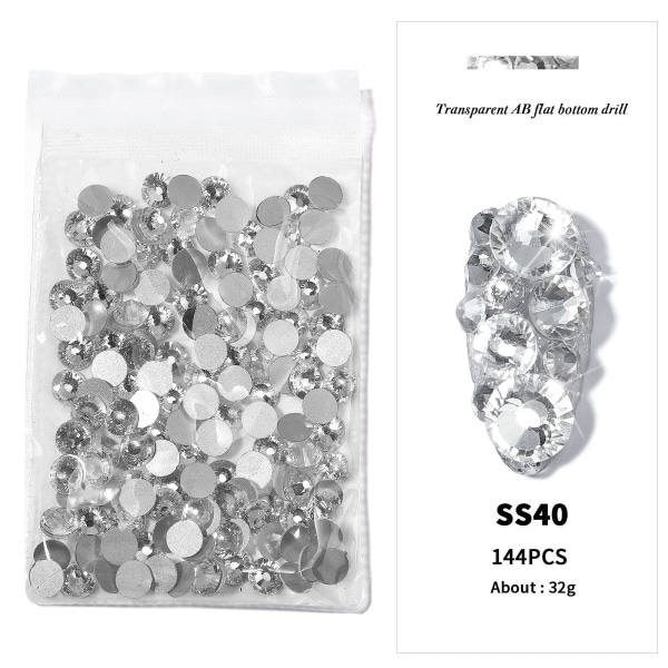 Negledekorationer til Nail Art bundbor gennemsigtig AB Diamant DIY dekorationer Guldbund Sølvbund SS40 White Diamond (8.6)144