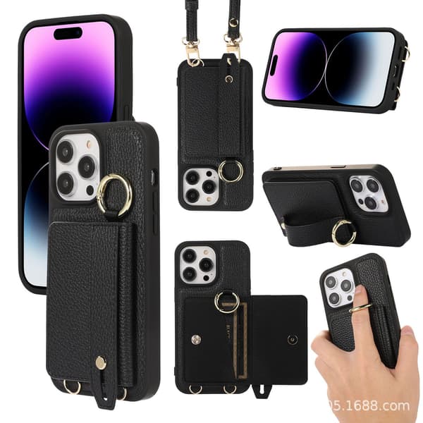 Etui til iPhone 13 Pro sort kortholder slot håndledsrem læder