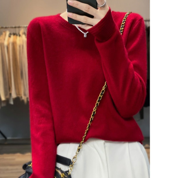 Kvinder Strik Efterår Vinter Sweater Rund Hals Indvendig Base Skjorte Hestehoved ærme Løs Cherry red XL