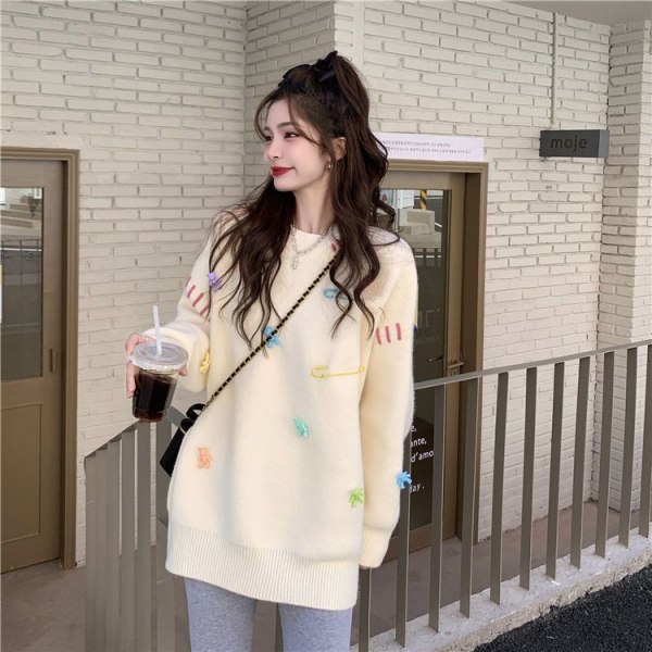 Naisten neuleet Syksyn talvipusero plus kokoinen korealaistyylinen löysä ja laiska tyylinen villapaita Apricot L