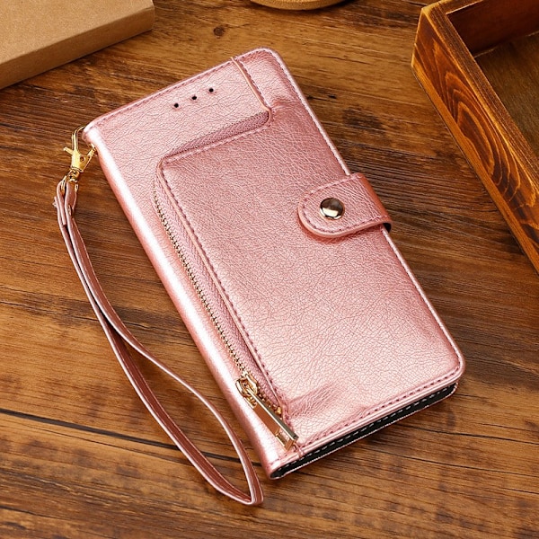 Etui til iPhone 16 Pro rosaguld læder flip wallet kortslot