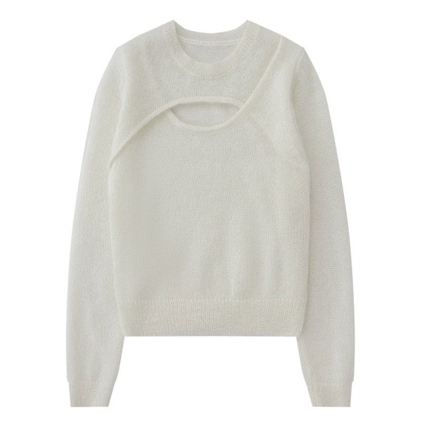 Damestrik efterår vinter sweater Mohair udhulet langærmet ulden top bundpullover White 37*92*67cm