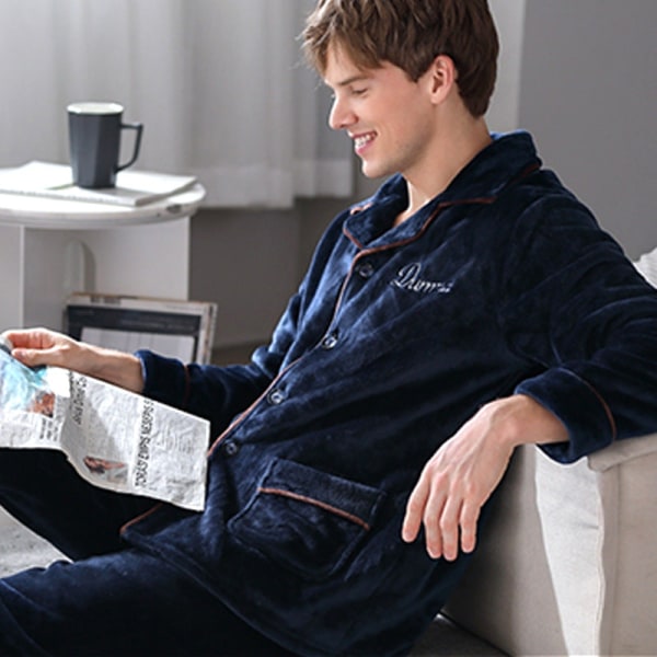 Herre flanell høst- og vinterpyjamas fortykket korallfløyelsdrakt navy blue M