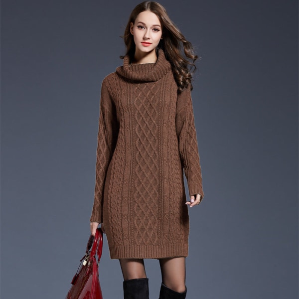 Kvinner Knit Wear Høst Vinter Genser Plus Size Kjole Høy krage Lang Turtleneck Kvinne Camel M