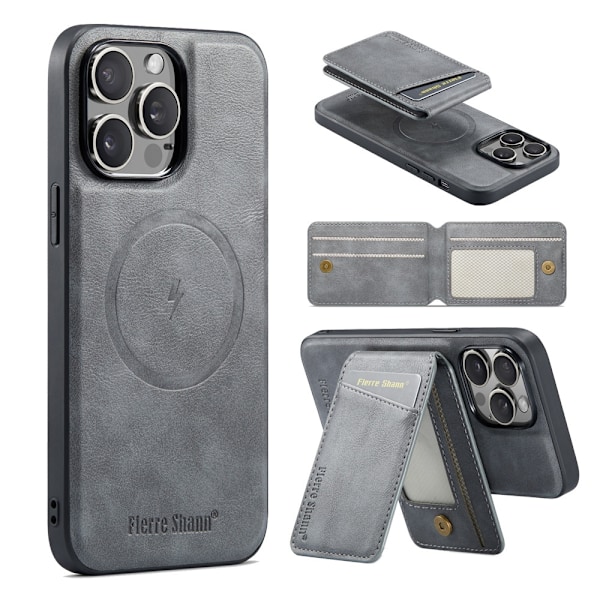 Etui til iPhone 14 Pro Max 025 grå magnetisk læder kortholder to i en