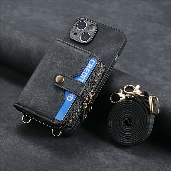 Fodral för iPhone15promax svart läder stor kapacitet förvaring hårdvara dubbel dragkedja lång lanyard