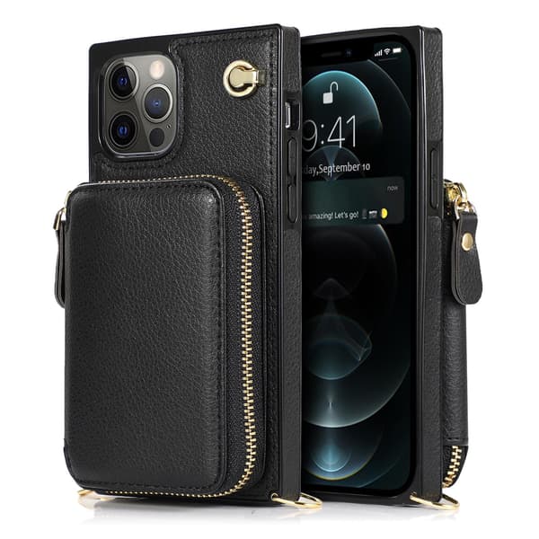 Etui til iPhone15 sort lynlås læder multifunktionel pung crossbody