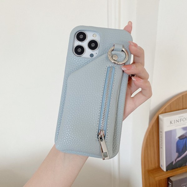Etui til iPhone 16plus lychee mønster møntpung kortholder grå blå japansk og koreansk