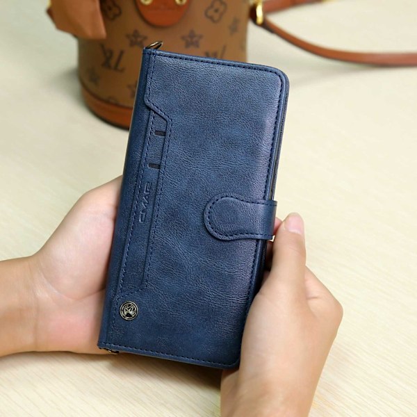 Kotelo iPhone 13 Pro Max -puhelimelle, sininen, monikortti, nahkainen, läppäkorttipaikka, crossbody