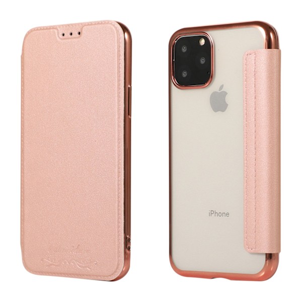 Kotelo iPhone 16E:lle, ruusukultainen korttipaikka, nahkainen läppä, galvanointi, PU, läpinäkyvä