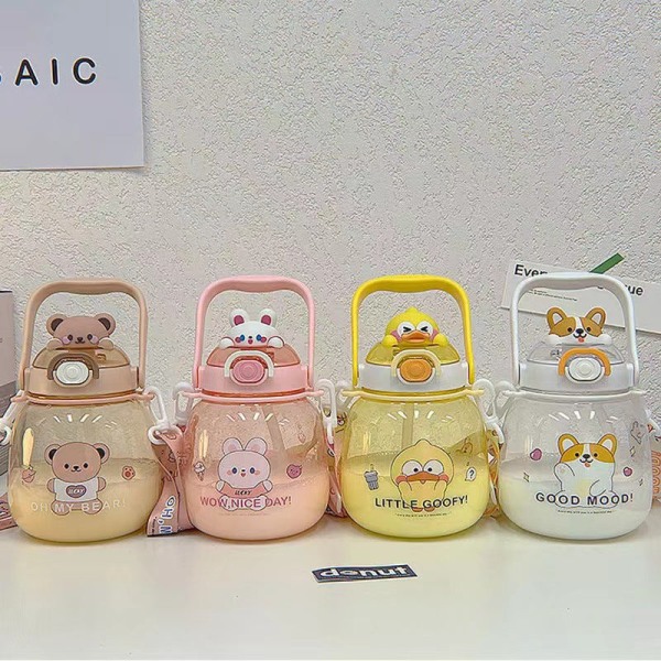 Kids Water Drinking Bottle Cute for Child Big Belly Straw Large Capacity Sports Outdoor Cute Plastic Yellow