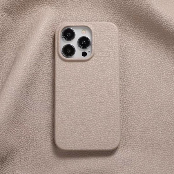 Fodral för iPhone16pro lychee grain khaki läder grain enkel solid hård fallsäker