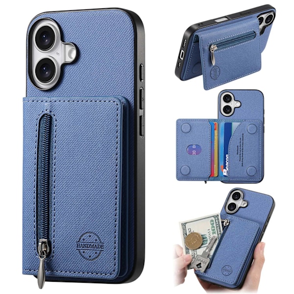 Fodral för iPhone 13 Pro Blått Ställ Stor Förvaring Kortplats Anti-fall Enkelt Läder