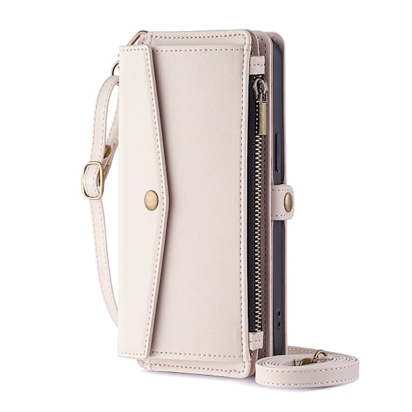 Fodral för iPhone 16 Pro Max vit crossbody axelrem läder multifunktionellt kortfodral