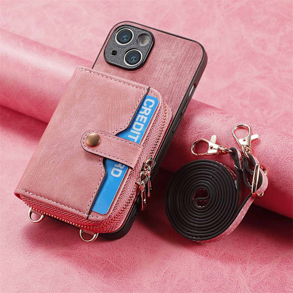 Fodral för iPhone 13 Mini rosa läder stor kapacitet förvaring hårdvara dubbel dragkedja lång snodd vägg
