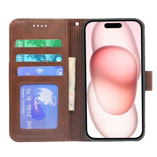 Fodral för iPhone 13 Mini brunt flip plånboksfodral kalvskinn fotoram stativ läder