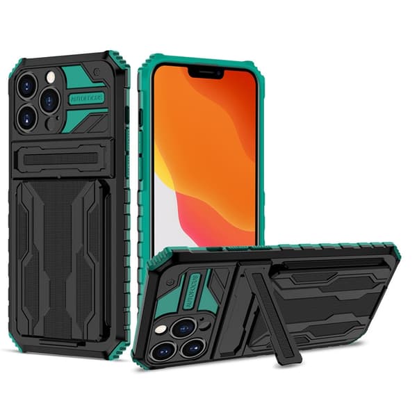 Etui til iPhone 14 Plus, mørkegrønn diamant kortholder, multifunksjonell og fallsikker