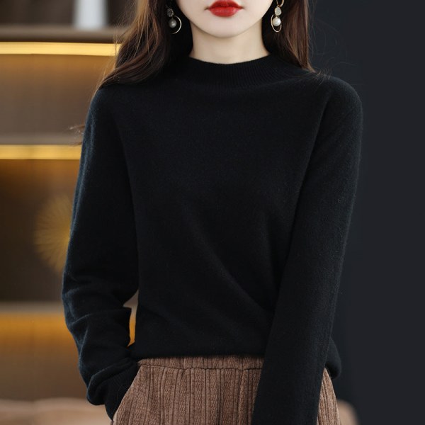 Kvinder Strik Efterår Vinter Sweater Uld Løs Mock Neck Bottoming Shirt Pullover Langærmet Black XXL