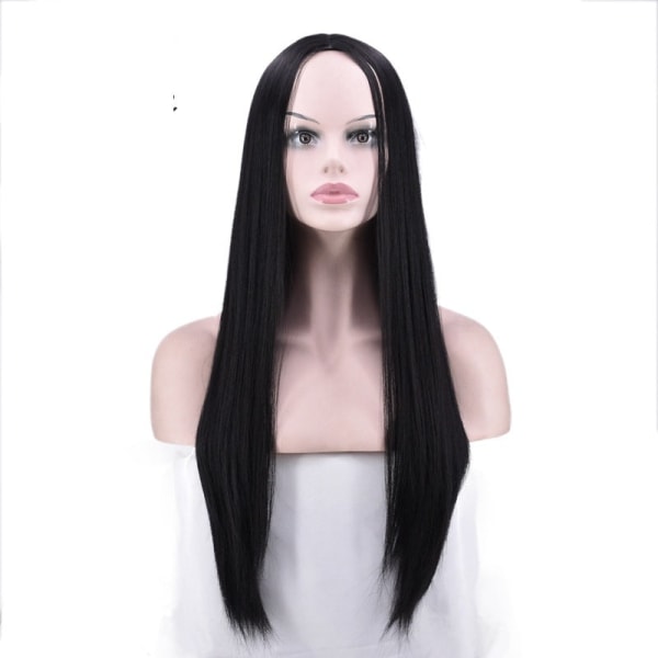 Kvinnor peruk medellång svart ansiktstrimning långt rakt hår Realistisk huvudbonad W224 Natural Black