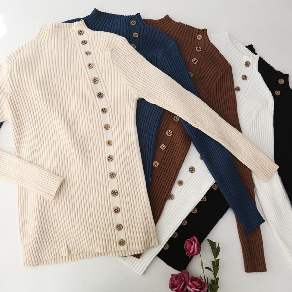 Women Knitwear Autumn Winter Sweater Half Turtleneck Pullover Long Sleeve Slim-Fit Buttoned Bottoming Black M