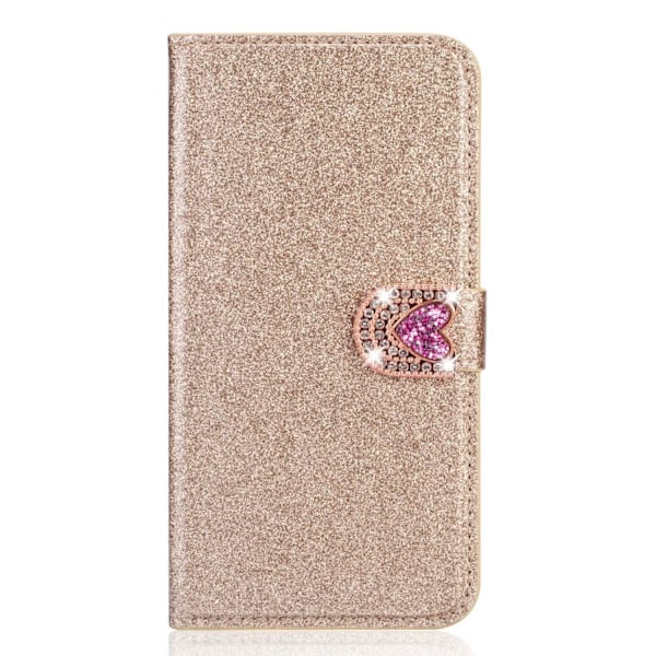 Fodral för iPhone 13 Pro guldglitter hjärta klistermärke diamant läder kortplats plånbok strass