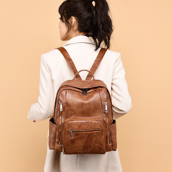 Kvinner jente ryggsekk skulderveske skolesekk Pu Outdoor Travel Bag Large Capacity Leisure Brown