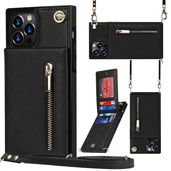 Etui til iPhone 14 Plus, sort, crossbody lynlås, stativ, firkantet kortholder slot