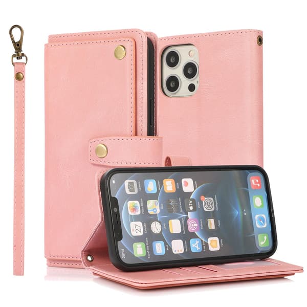 Fodral för iPhone 14plus rosa drömsk multi cap läder crossbody anti fall plånbok