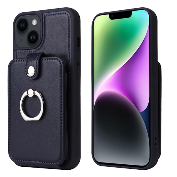 Etui til iPhone 15 Plus, marineblå 2 i 1 læder, fuld blød kortslot