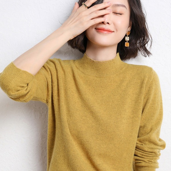 Kvinnor Stickad Höst Vinter Tröja Halv Turtleneck Lös Pullover Innerkläder Långärmad botten Mustard yellow XL