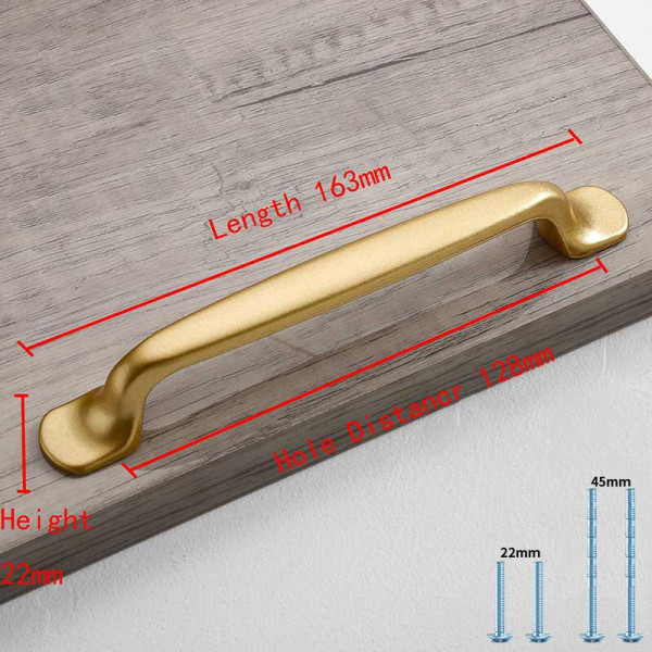 2 stk enkel stil matt gull skaphåndtak i solid aluminiumslegering kjøkkenskap trekker skuffknotter 104-128mm