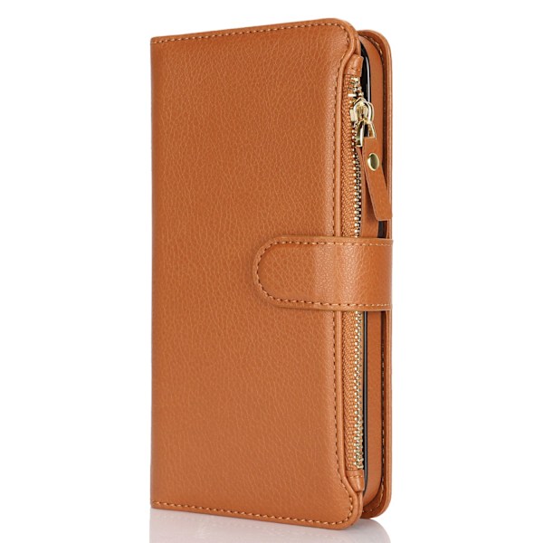 Etui til iPhone 13 6.1 Brun Multifunksjon Solid Glidelås Armbånd Lommebok Multi cap Lær