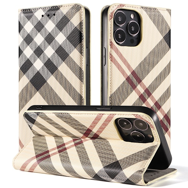 Etui til iPhone 14 Pro Max khaki læder ternet flip