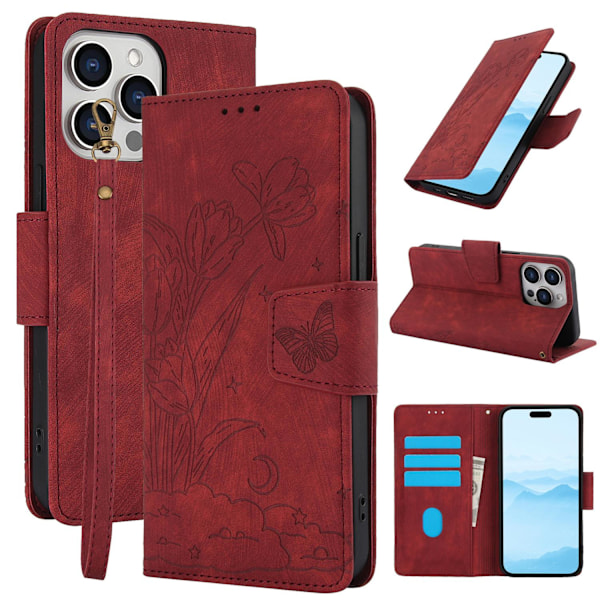 Kotelo iPhone 14/13 puhelimelle, punainen, pudotussuoja, kohokuvioitu nahka, monitoimilompakko