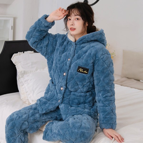 Vinter trippel fortykket og fleecebomull Plus-størrelse isolerende plysj pyjamas for damer blue L