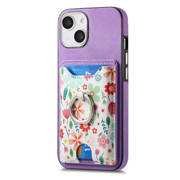 Fodral för iPhone 14 Plus, lila växttryck, målat läder, korthållare, ring