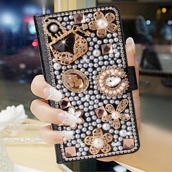 Etui til iPhone15 Gem Wallet Sort Læder Fuld Rhinestone Kort Slot