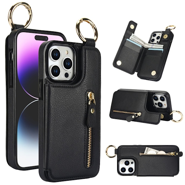 Etui til iPhone 14 Pro 6.1 sort læder multifunktionel pung