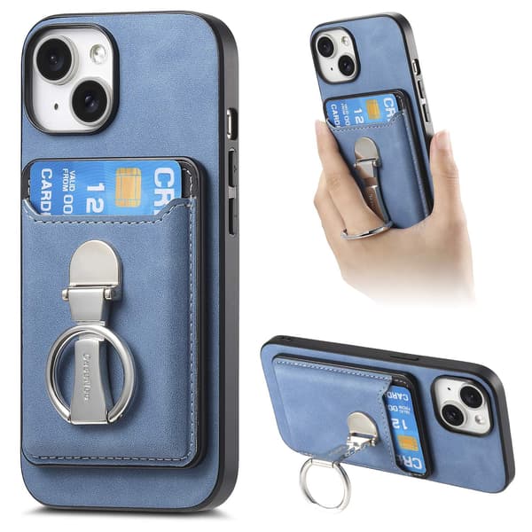 Etui til iPhone 14 Plus, blå hudfølelse, magnetisk kortholder, hover ring