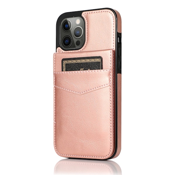 Kotelo iPhone 14 Plus -puhelimelle, 250 ruusukultainen takakorttipaikka, ylös ja alas avattava jalustateline