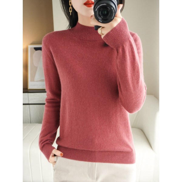 Damestrik efterår vinter sweater Uld sweater med almindelig kernegarn halv rullekrave Cameo Red L