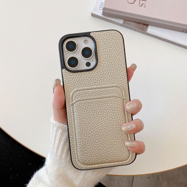 Kotelo iPhone 14/15plus -puhelimelle, kultainen litsikuvio, korttipaikka, nahkainen, trendikäs merkki