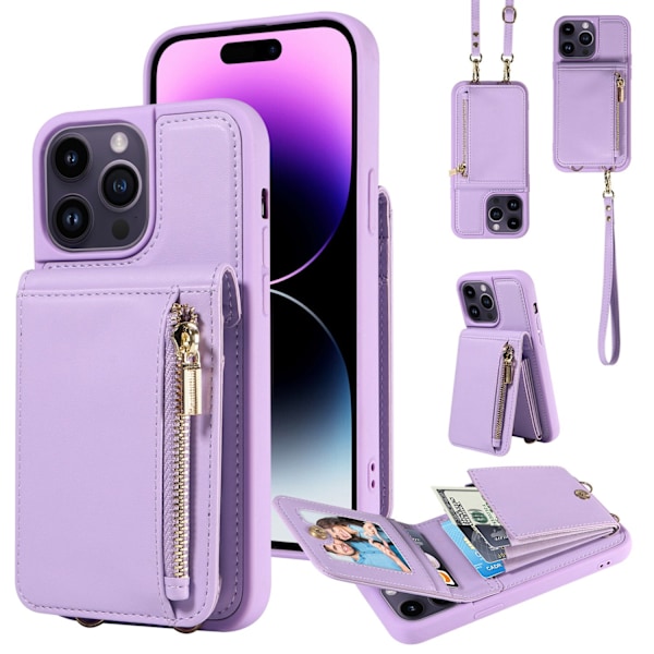 Etui til iPhone 13 Pro lys lilla crossbody glidelås trekkspill veske kortspor