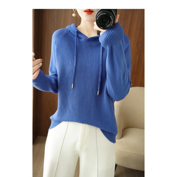 Strik til kvinder efterår vinter sweater hætte ensfarvet hættetrøje hættetrøje cardigan sweater frakke Klein blue L