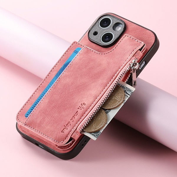 Etui til iPhone 14 Pro Max rosa eksport multi kort business retro glidelås oppbevaring lær