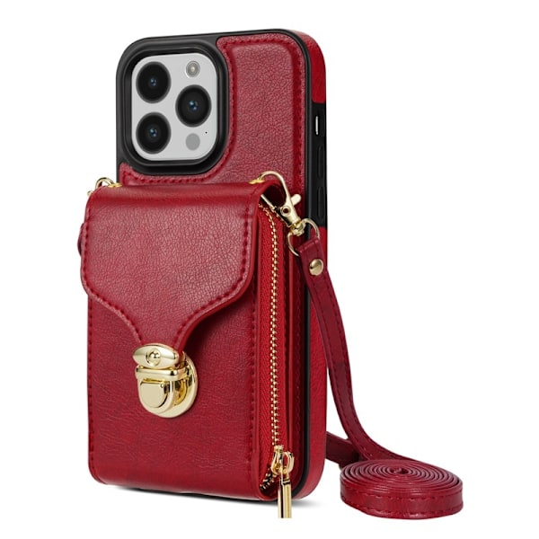 Kotelo iPhone 15 Pro -puhelimelle, vetoketjullinen laukku, korttipidike, punainen pidike, sivunahka ja useita lan