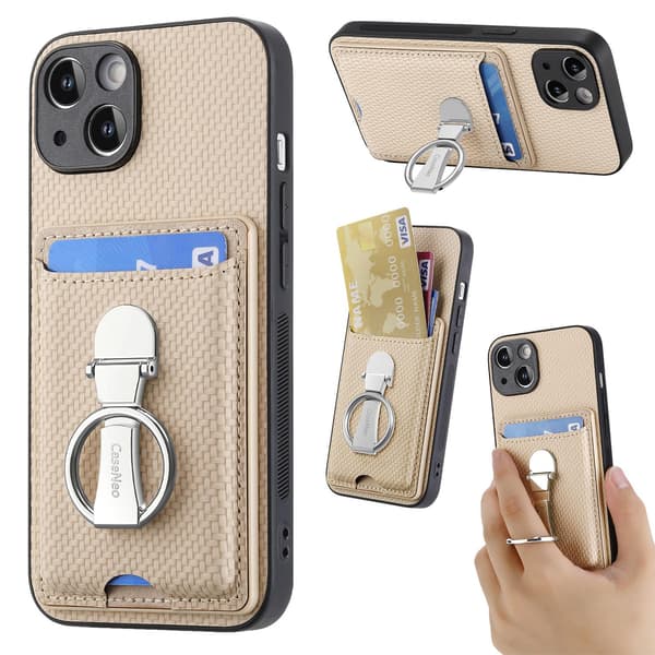 Etui til iPhone 15 Pro Max Khaki aprikos roterende ring spenne kortholder