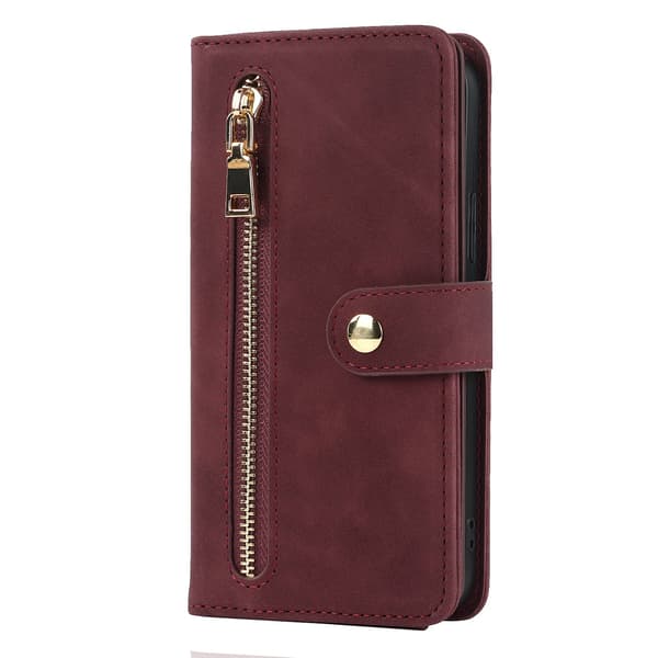 Fodral för iPhone 13 Burgundy framficka dragkedja plånbok läder