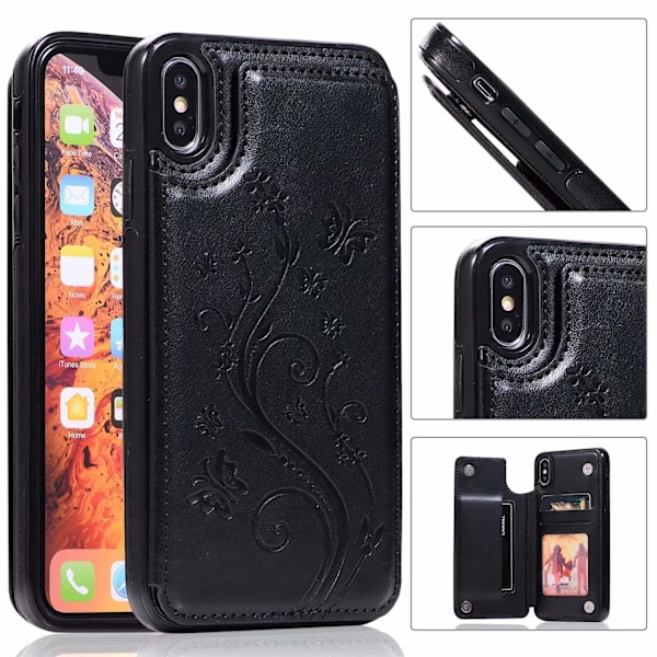 Etui til iPhone 13 Pro MAX sort præget sommerfugl kortslot kærlighedsblomst dobbelt spændeholder