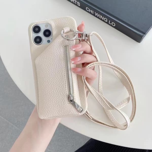 Etui til iPhone 15 Pro elfenbenshvit solid litchimønster anti-fall glidelås